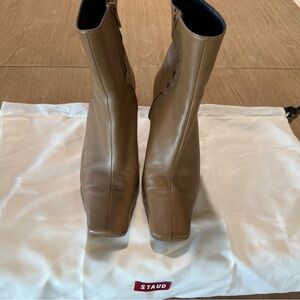 STAUD Tan Square-Toe Leather Ankle Boots